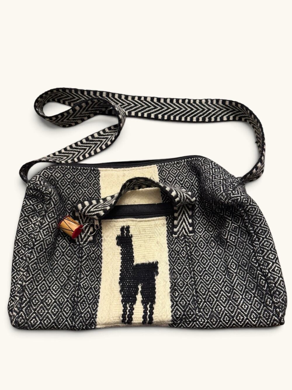 Woven Llama Shoulder Bag Black Cream Geometric Boho Tote Crossbody